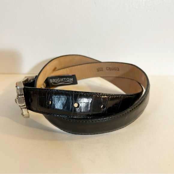 VTG Brighton Croc-embossed Black Leather Belt Western-style Silver Buckle ML 32 main image 4